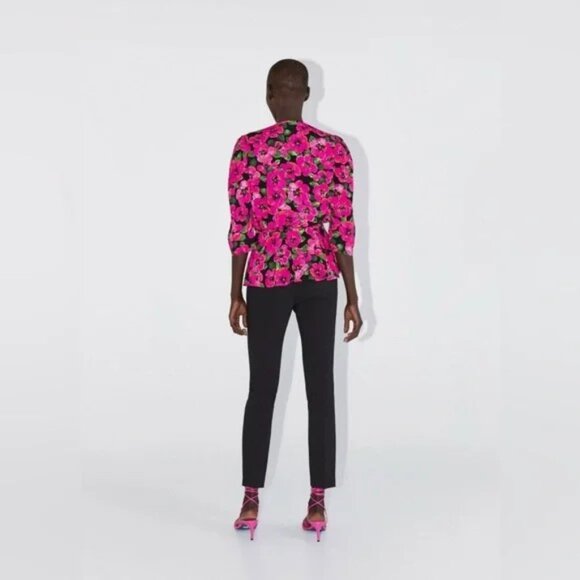 Zara Hot Pink and Black Floral Puff Shoulder Wrap Blouse. Size L. NWT! - Picture 2 of 12